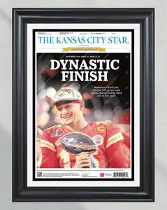 2024 Kansas City Chiefs 'DYNASTIC FINISH!' Super Bowl LVIII Champions Unframed Poster - Commemorative Newspaper Print - Mahomes & Kelce Era Art