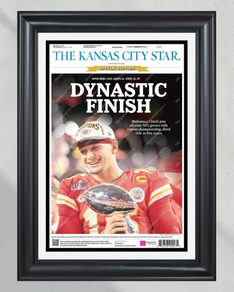 2024 Kansas City Chiefs 'DYNASTIC FINISH!' Super Bowl LVIII Champions Unframed Poster - Commemorative Newspaper Print - Mahomes & Kelce Era Art