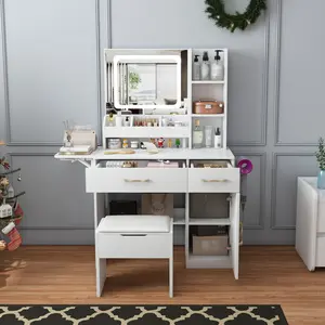 Glam White Modern Makeup Vanity Set (Stylish, Illuminated, Multi-Light, Stand-Alone) – LED Lighted Mirror, Power Outlet Charging Station, 3 Drawers, 7 Storage Shelves, Matching Stool for Women, Stylish Makeup Vanities, Illuminated Makeup Vanities