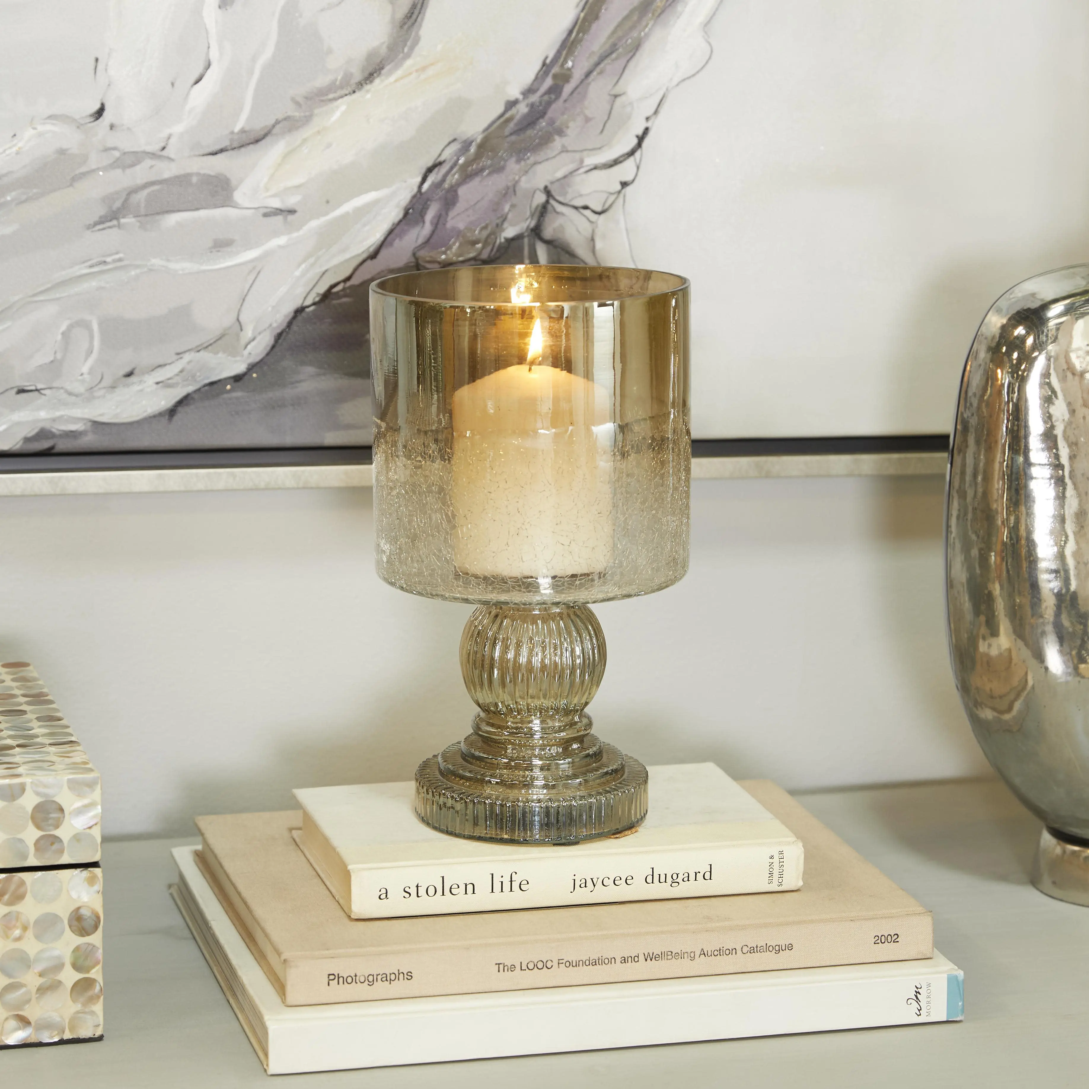 Glass  Handmade Turned Style Pillar Room Hurricane Lamp with Faux Mercury Glass Finish, 6" x 6" x 11"