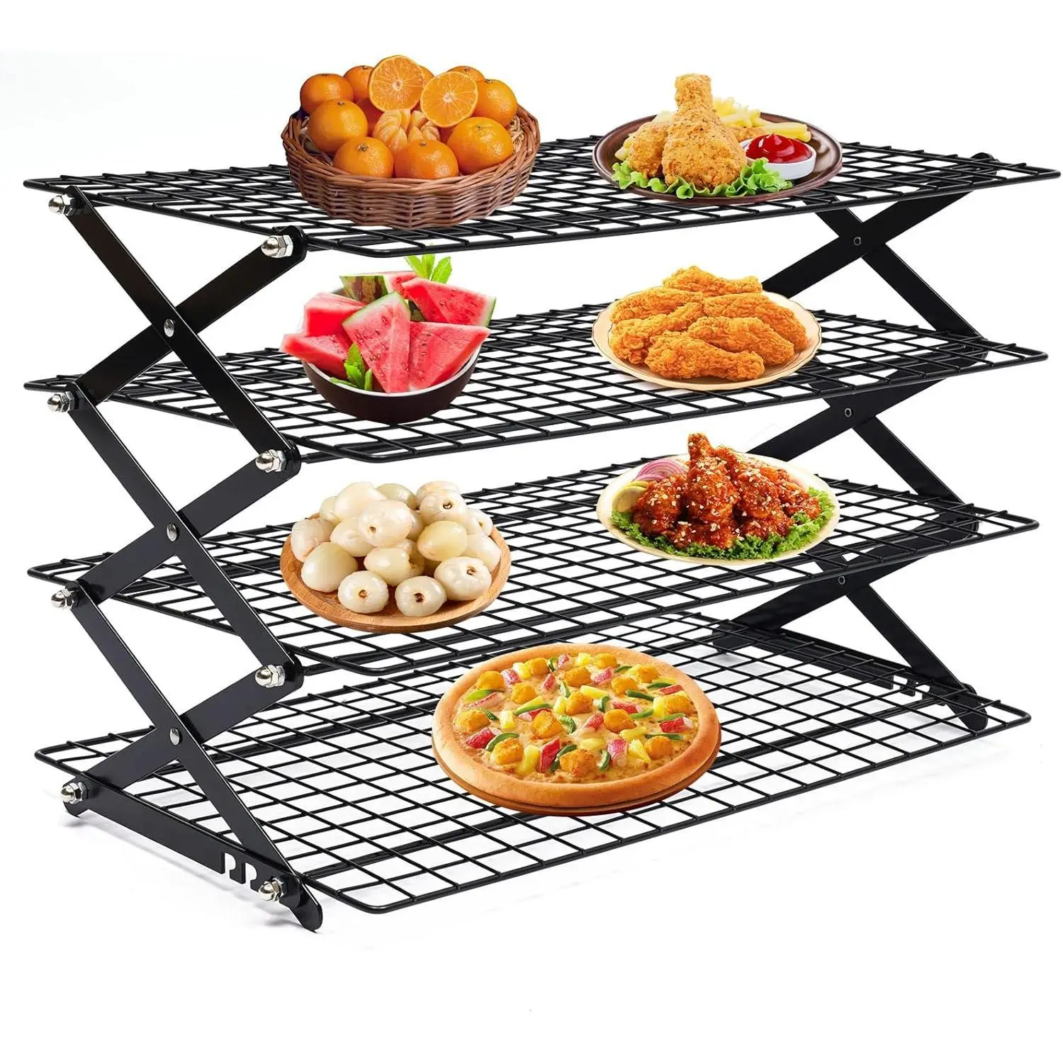 4-Tier Collapsible Cooling Rack - 40*25*31.5cm Adjustable Stackable Metal Stand, Anti-Adhesive Durable Easy Release Nonstick Wire Rack for Baking Cookies, Barbecue Storage (Kitchenware Bakeware Utensils), Adjustable Metal Stand Cooling Racks