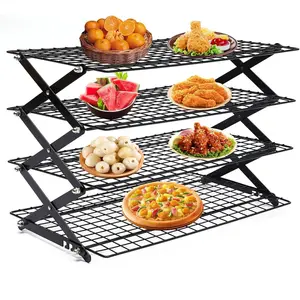 4-Tier Collapsible Cooling Rack, Adjustable Stackable Roasting Cooking Drying Wire, Barbecue Storage Display Shelf for Cookies Baking Picnic Party Utensils Bakeware Black