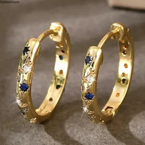 Trendy 14K Gold Plated Star Moon Hoop Earrings, Sparkly Blue Crystal Huggie Hoops, Hypoallergenic Dainty Jewelry for Sensitive Ears, Women’s Daily Wear