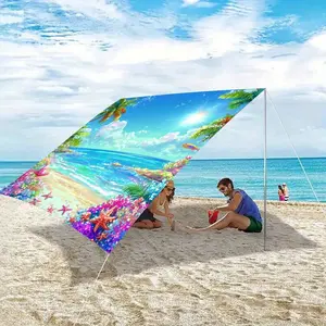 1Pc tropical beach design sunshade with coconut tree and starfish pattern, UV protection for outdoor use, suitable for garden, terrace, poolside, all seasons, easy to install and store (support poles not included), beach, comes with a rope