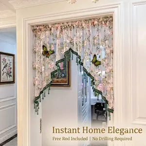 Hangable Hole-free French Floral Door Curtains, Luxurious Lace Curtains with Hanging Crystal Beads, Ideal for Rented Property Decoration