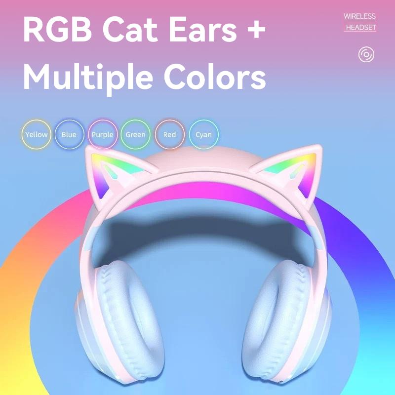 Wireless Bluetooth Cat Ear Headphones with Mic LED Light Foldable Over Ear Headset for Mobile Phone Laptop and Computer Cute Gift for Kids Teens and Adults