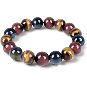 Natual Tiger Eye StretchBeaded Bracelet,Relax Anxiety Crystal Beaded Triple Protection Jewelry Bead Stone Chakra Gemstones Bracelets for women men.Gifs for Him Her Daily Wear Decro