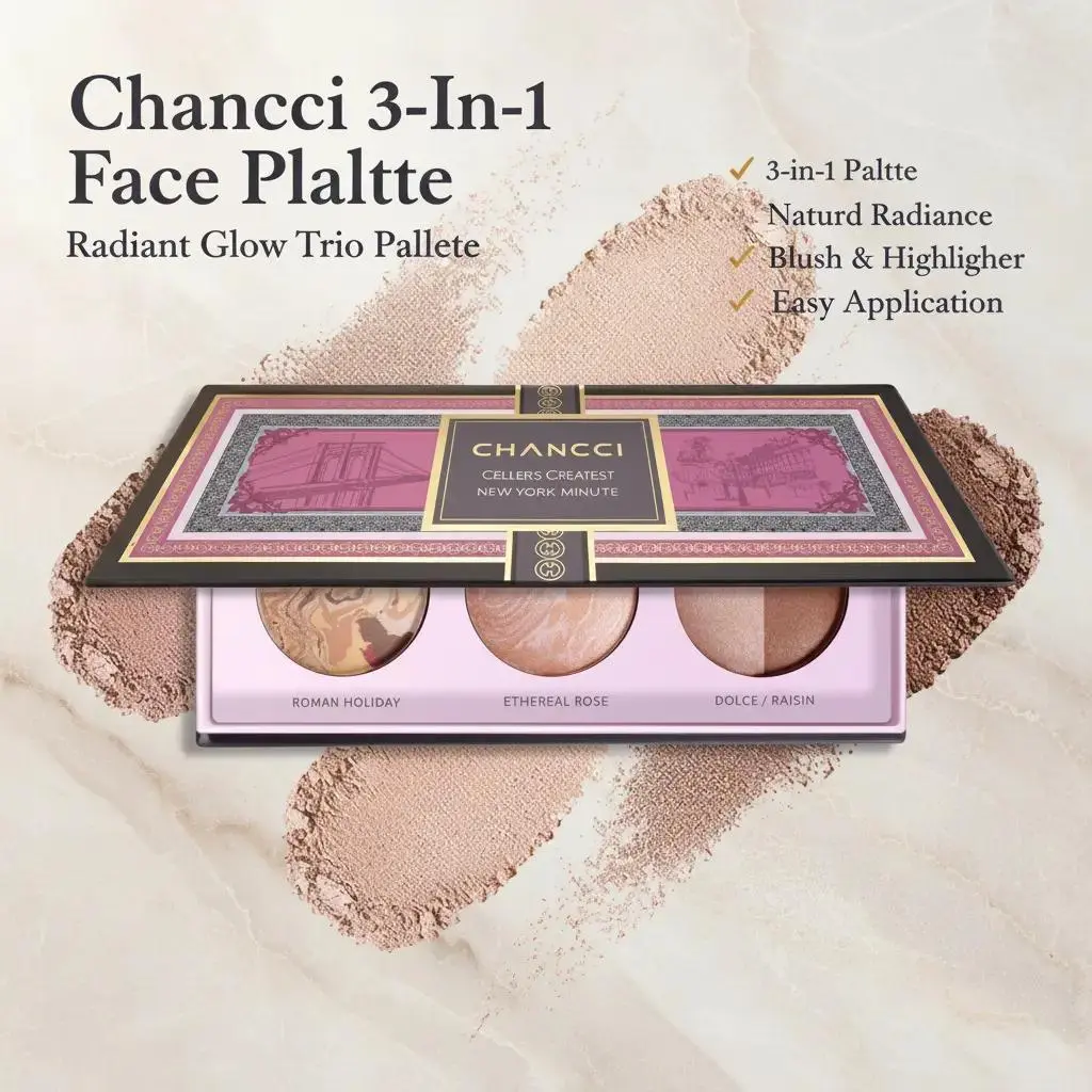 Chancci 3-In-1 Face Palette Radiant Glow Trio Blush Highlighter Palette Natural Shimmer Long Lasting Multifunctional Makeup Face Powder
