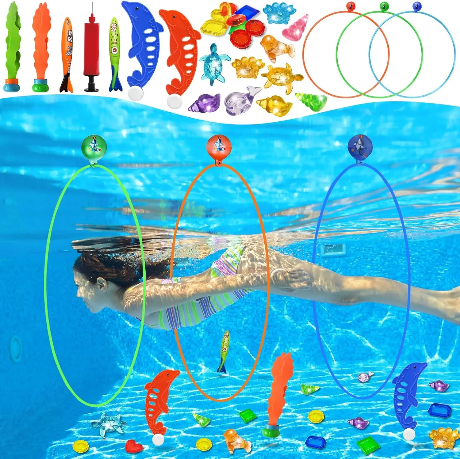 Summer Spring Gift 28PCS Pool Toys Diving Rings - Swim Thru Rings Pool Game Diving Toys with Dive Ring Underwater Treasures Torpedo Bandits Fish Toy Fun Water Swimming Toy for Boys Girls Kids Teens Adults