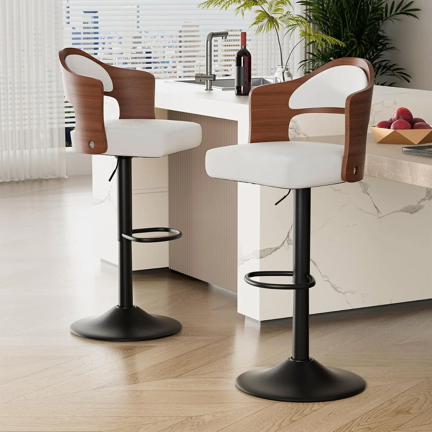 Swivel Bar Stools Set of 2,Bentwood Adjustable Height Barstools | Upholstered Seat,Easy-Clean PU Leather,Back& Footrest, Mid Century Modern Bar Chair for Counter, Kitchen Island