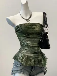 Glamine  Summer Y2k  Vintage  Grunge Graphic Printed Mesh Bandeau Top For Women Floral Tube Top