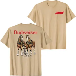Budweiser Clydesdale Horses Graphic T-Shirt Vintage Brewery Back Print Tee with Dalmatian Dog Classic Beer Brand Shirt Retro Unisex Streetwear Summer Casual Sand Beige Top