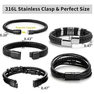 5 Pack Leather Woven Magnetic Buckle Bracelet Leather and Steel Braided Cuff Bracelets Beauty & Personal Care