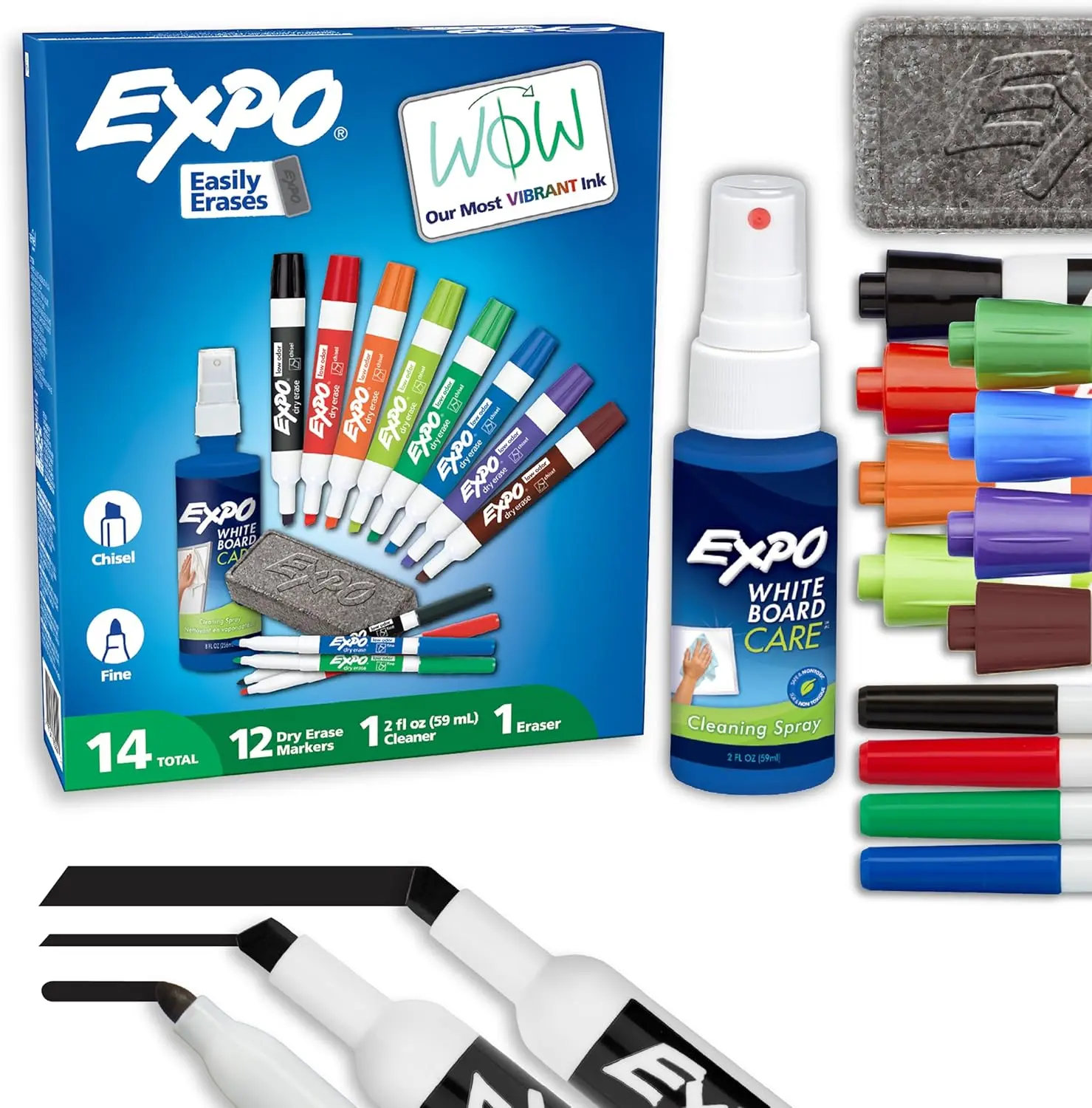 EXPO Dry Erase Markers Set (14 Pieces) - Fine & Chisel Assorted Tips, Colorful Pack with Eraser & Spray Cleaner for Office, School Stationery Supplies