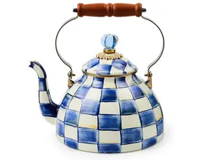 Enamel Tea Kettle, Stylish Tea Kettle for Stovetop, Grey-and-White Sterling Check, 3 Quarts