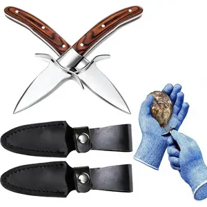 Oyster Shucking Kit 2 Pack with Gloves &  Guards, Stainless Steel Oyster  Shucker Set with  Handle for Clams Shellfish, Professional Opener Tool