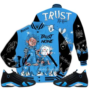 Black University Blue 14s Outfit Varsity Jacket, Scary Trust No One Shirts Match Sneaker Baseball