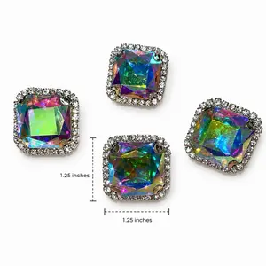 Iridescent Square Rhinestone Shoe Charm Set Gibbitz - 1.25 Inch Gold/Silver Hardware with Clips & Multidimensional Gem Embellished Rim - Footwear