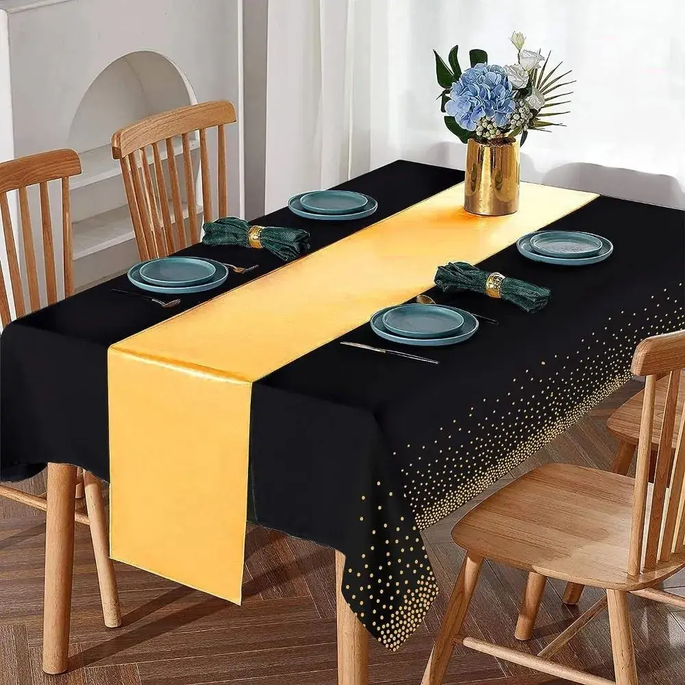 Black Gold Polka Dot Disposable Tablecloth Set, Waterproof Oil‑proof Plastic Table Cover with Golden Satin Table Runner, Elegant Table Decoration for Party Wedding Banquet Birthday Baby Shower
