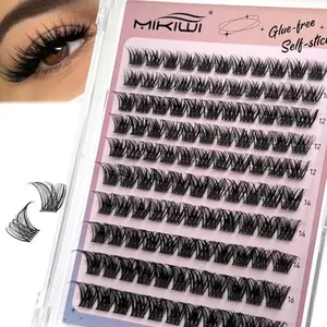 MIKIWI Self Adhesive Lash Clusters, No Glue Needed Wispy D-Curl Lash Clusters 10-16mm Pre Glued Eyelashes Clusters No Residue Self Adhesive Eyelashes