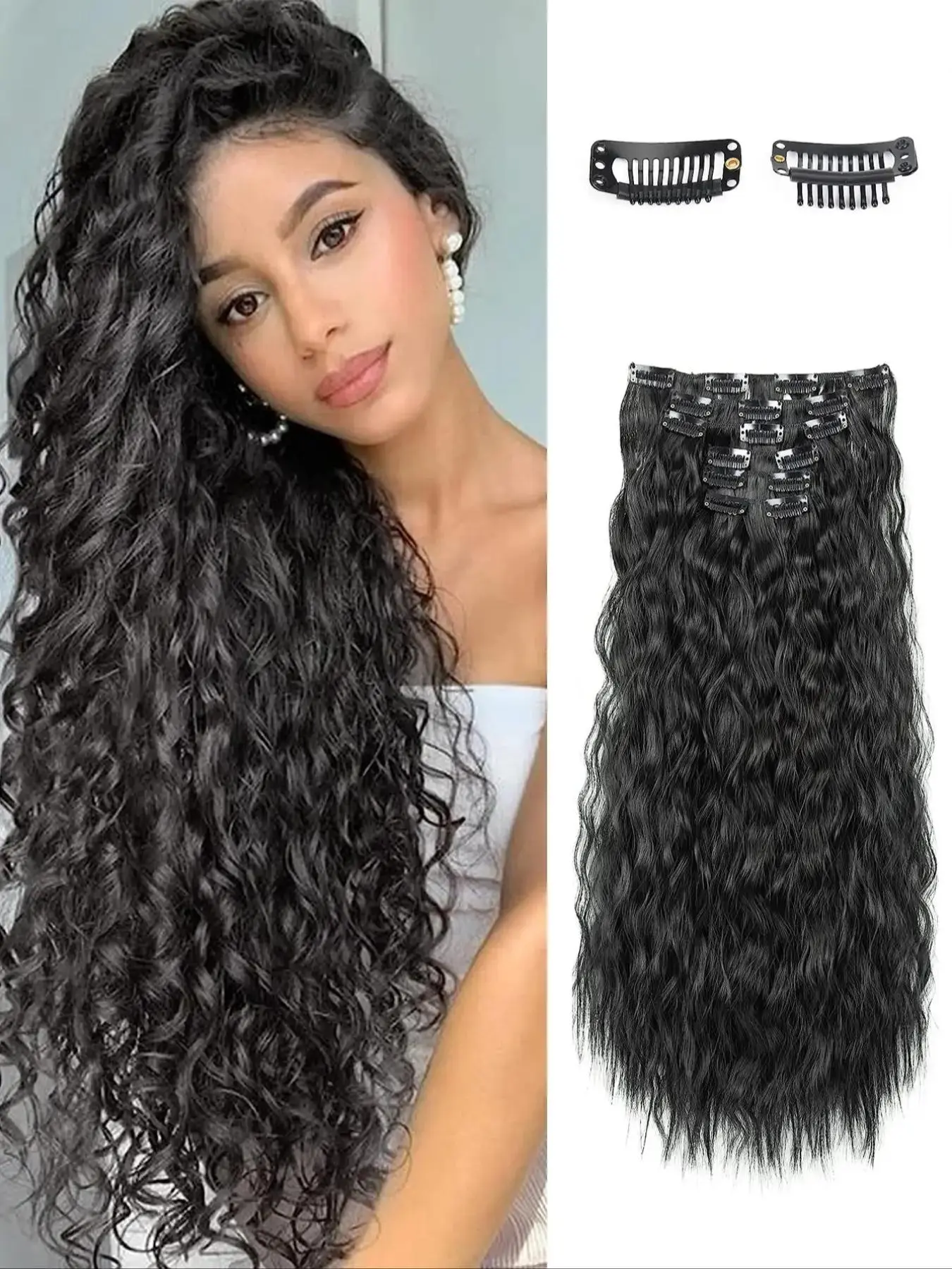 6pcs/set Women's 22inch Long Wavy Clip-in Hair Extensions for Daily & Costume Party, Natural Fluffy Hair Extensions for Daily & Party Decoration, Wavy Synthetic Hairpiece, Wavy Hairpieces