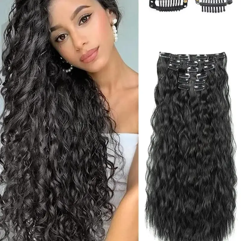 6pcs/set Women's 22inch Long Wavy Clip-in Hair Extensions for Daily & Costume Party, Natural Fluffy Hair Extensions for Daily & Party Decoration, Wavy Synthetic Hairpiece, Wavy Hairpieces
