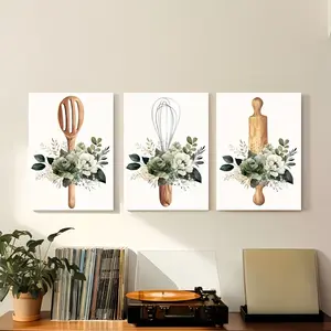 3 Piece Set Framed Canvas Art Prints, Watercolor Floral Kitchen Design, Thick Pine Wood Frame, Perfect for Living Room Bedroom Dorm Decor