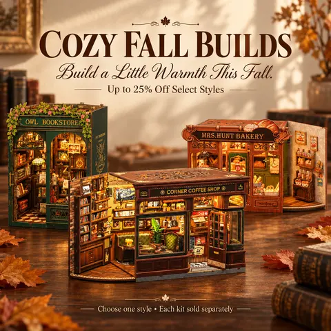 CUTEBEE FALL SALE | 8-Style DIY Book Nook Kits with LED Lights - 3D Wooden Building Puzzle Shelf Inserts, Cozy Autumn Decor, Perfect Gift for Book Lovers with Memory Training and Observation Benefits