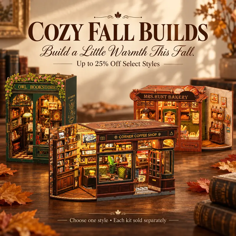 CUTEBEE FALL SALE | 8-Style DIY Book Nook Kits with LED Lights - 3D Wooden Building Puzzle Shelf Inserts, Cozy Autumn Decor, Perfect Gift for Book Lovers with Memory Training and Observation Benefits