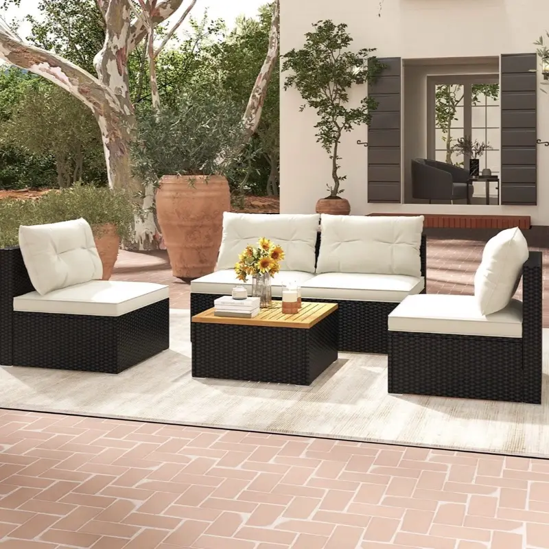 5PCS Rattan Patio Conversation Sofa Set Outdoor Furniture Set w/ Off White