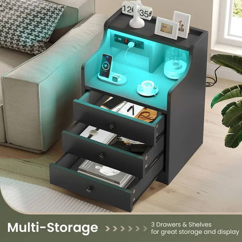Sikaic LED Nightstand with Charging Station & Drawers
