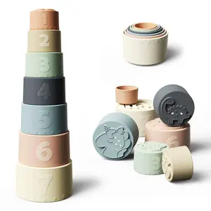 Stacking cup toy, fun and educational baby toy, silicone soft teething toy, suitable for babies over 6 months old, 7-piece set