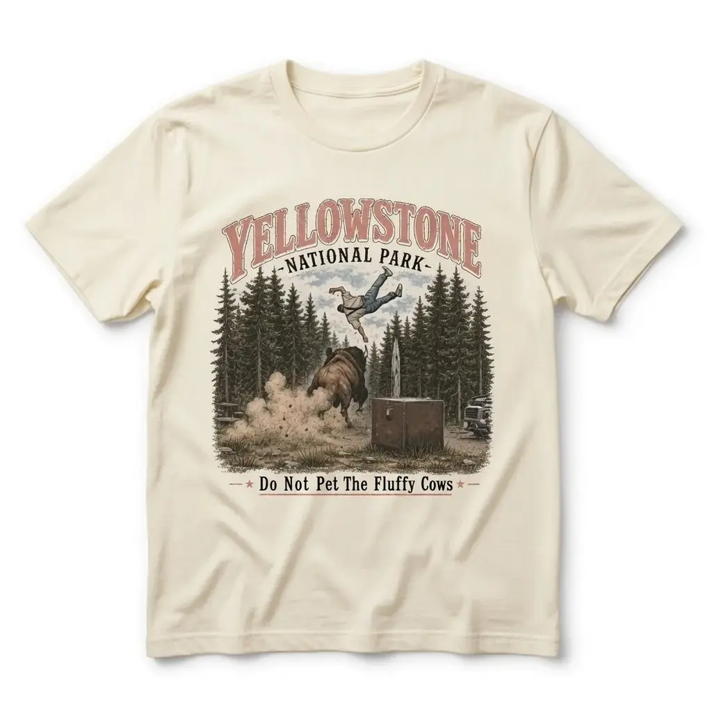 Yellowstone National Park Graphic Tee, 'Do Not Pet Fluffy Cows' Classic T-Shirt for Men, Comfy 100% Cotton Short Sleeve Vacation Top, Basic