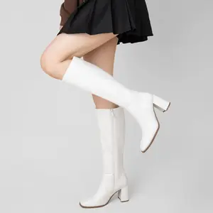 Women's Knee High Boots Fashion Chunky Heel Square Toe Tall Boots Side Zipper Long Boots