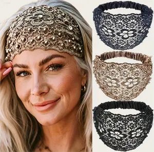 Boho Wide Lace Headband, Floral Crochet Rhinestone Beaded Hair Wrap, Elastic Stretch Breathable Hair Accessory for Daily Wash Face, Yoga, Beach & Festival Outfit