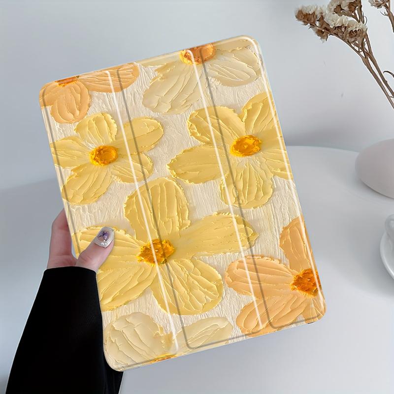Textured Yellow Floral Design iPad Case, Tablet Casing, Tablet Accessories, Transparent Acrylic Stand Cover, Pencil Holder & Charger Slot, Fits iPad Pro/air/mini, Shock-resistant Protective Case for Office, School & Home