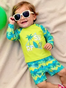 New boys' two-piece swimsuit, beach vacation sun protection swimwear set Palm Trees And Surfboard Design long sleeves and shorts sunscreen waterproof