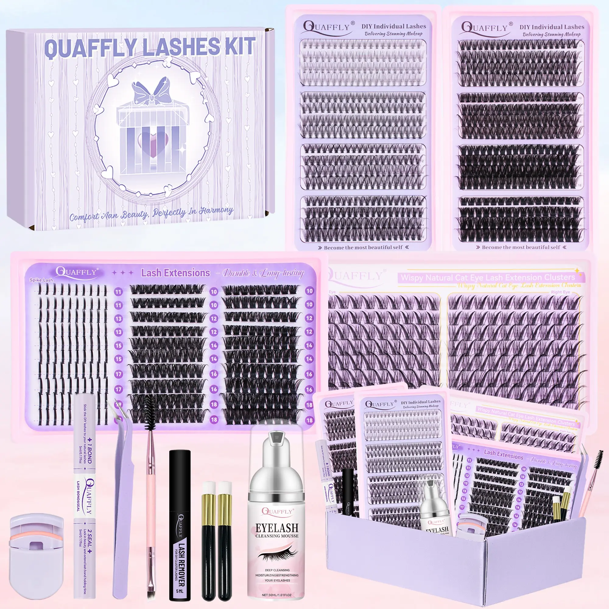 Lash Clusters Kit with Spikes, Cluster Lash Kit DIY Lash Extensions Kit with Lash Bond&Seal, Eyelash Extension Glue, Lash Remover Tweezers Cleansing Mousse Shampoo Brush*2 Lash Curler DUAL-ENDED Brush for Beginners, Eyelashes Extension Kit