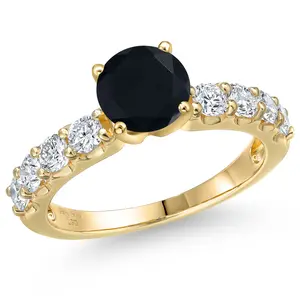 14K Yellow Gold Black Onyx and Lab Grown Diamond Engagement Ring For Women | 2.38 Cttw | Round 7MM | Gemstone December Birthstone