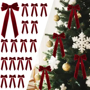 Senjie 16 PCS Velvet Spring Bows Flower Set Burgundy Double Ribbon Loops Angled Ends Easy Hang with Clear Strap for Festive Tree Decoration