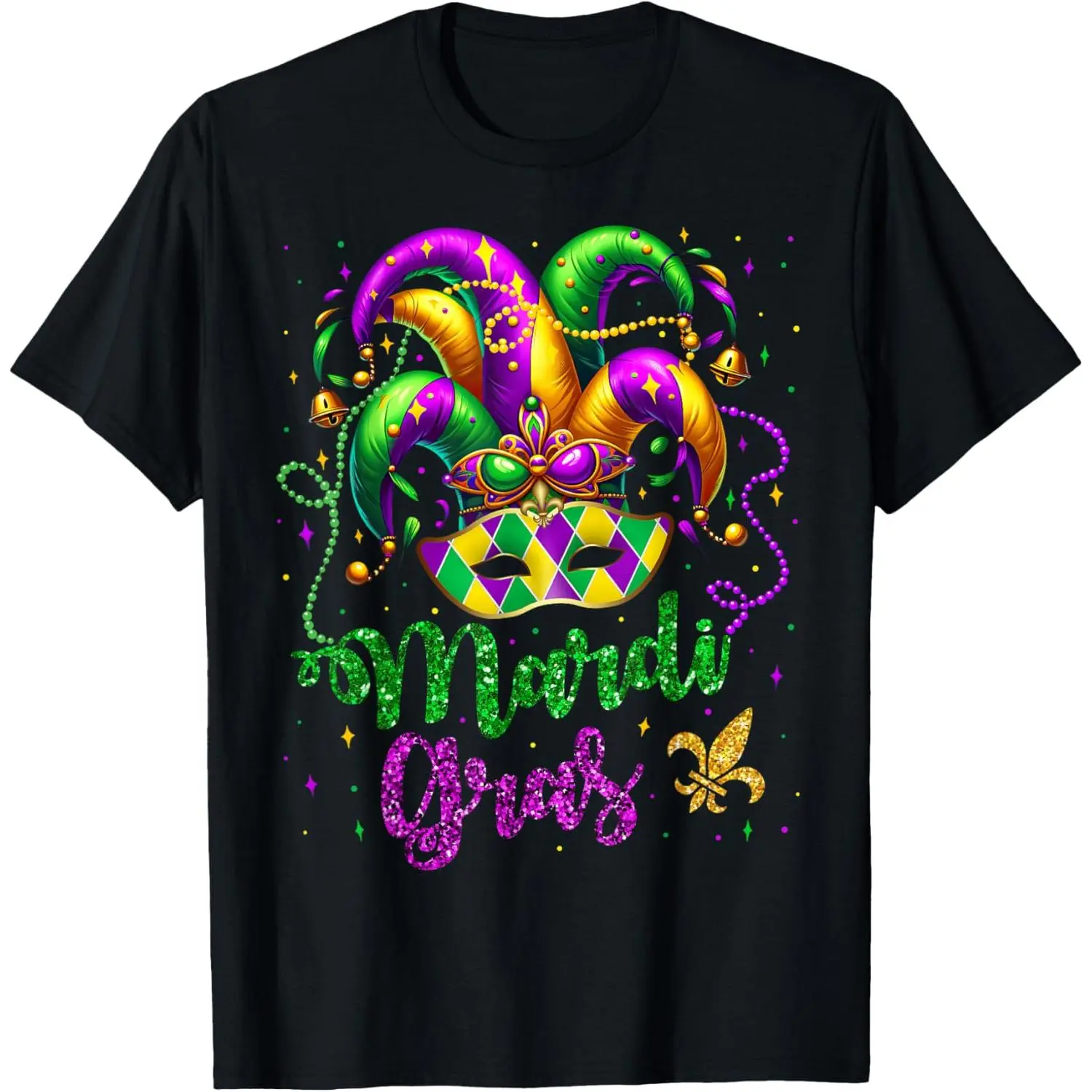 Men's Cotton Crewneck Short-Sleeve T-Shirt - Original Casual Day Top with Mardi Gras Prints, Beads, Mask, Feathers, Hat Design, Shortsleeve