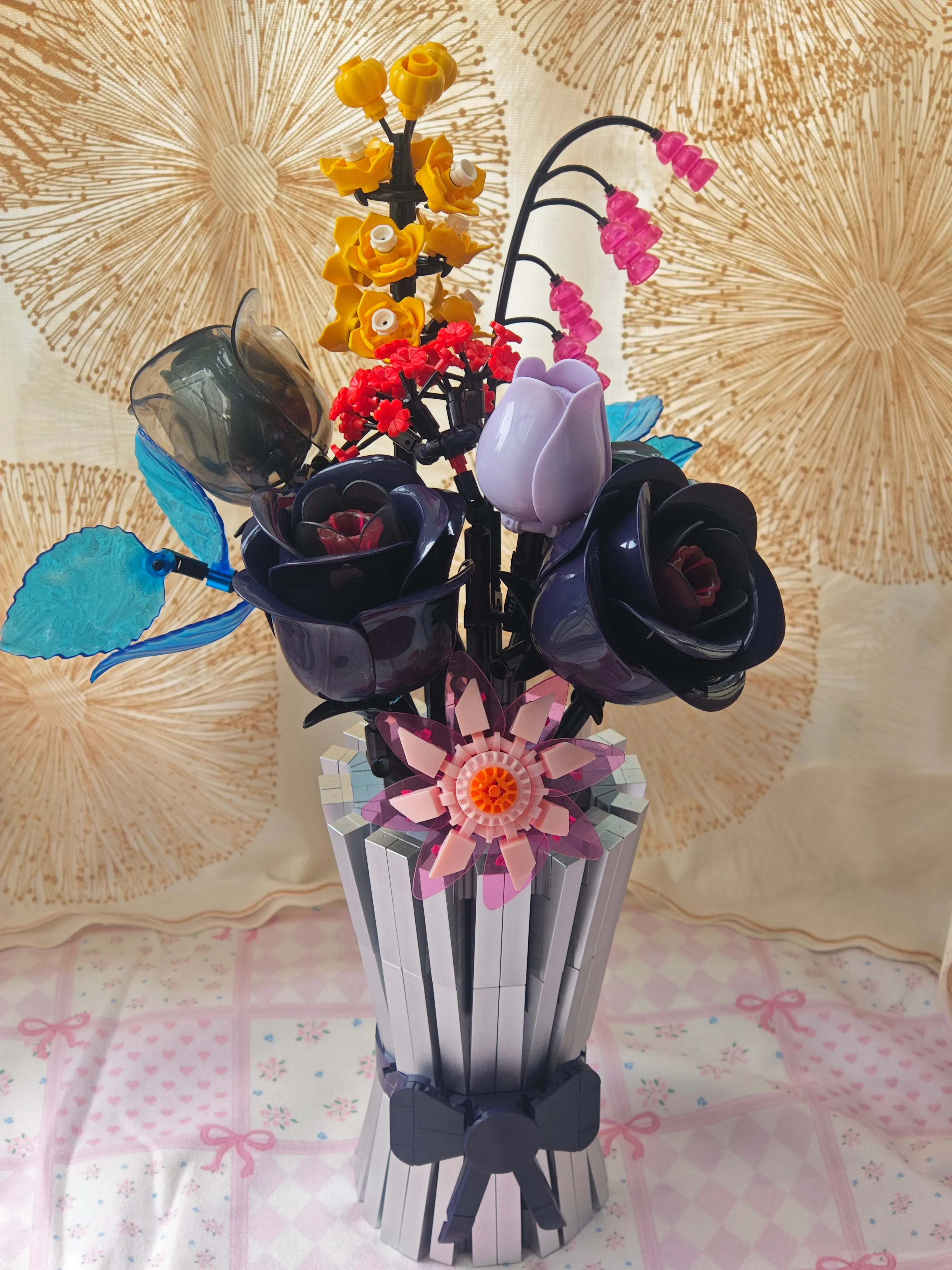 Midnight Floral Colorful Flower Puzzle Model Building Kits, Dark Purple DIY Building Block Bouquet with Decorative Vase, Room Desk Decor, Creative Gift Set for Women