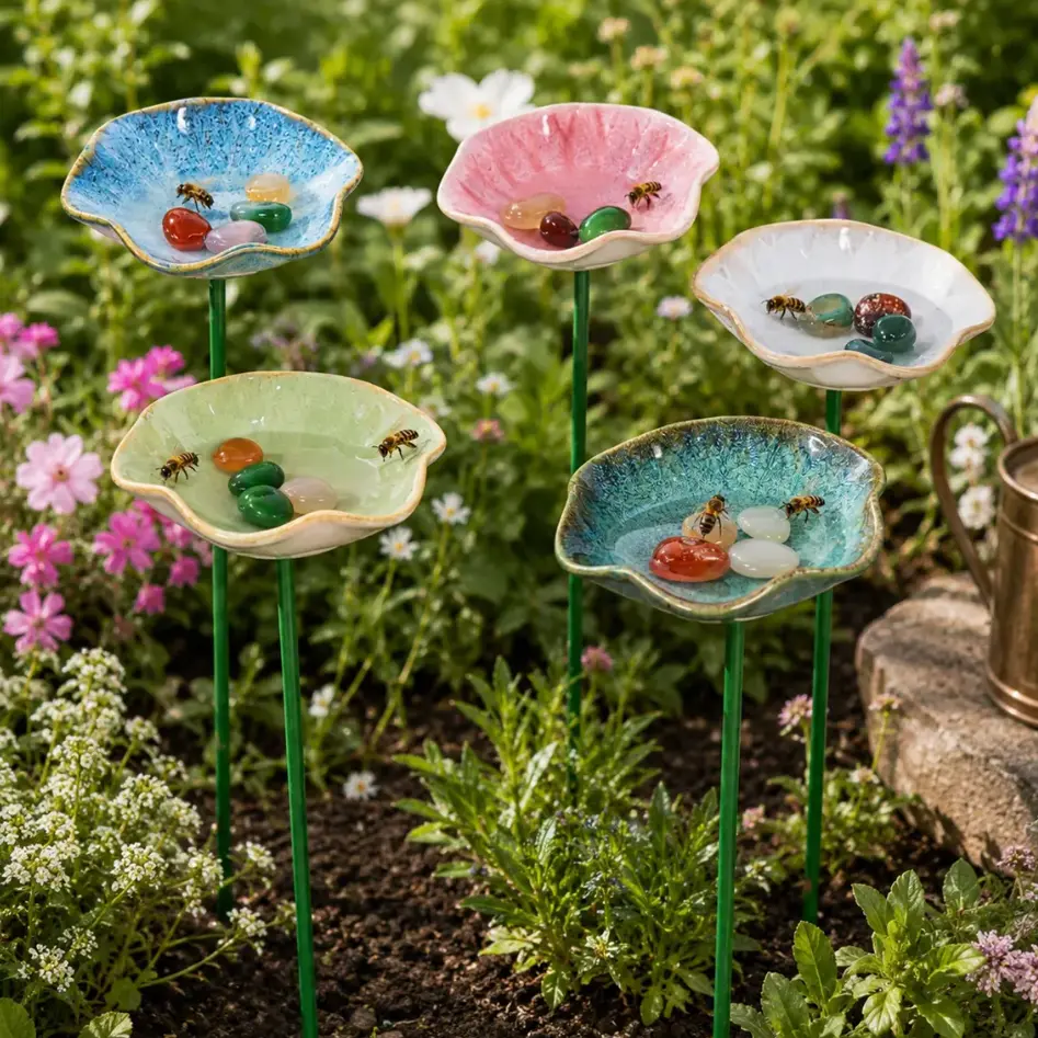 Ceramic Flower Bee Waterer Garden Stakes, Butterfly Drinking Cups puddler with Crystals, Outdoor Yard Patio Lawn Art Decoration, Colorful Insect Bathing Bowl, Plant Pick Gardeners Gift, Weatherproof Handcrafted Backyard Floral Ornament Watering Station