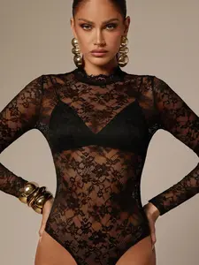 Sexy Lace Transparent Jumpsuit, Small Stand Collar Elegant Pattern Design, Long Sleeve Slim Fit, Perfect for Night Parties and Dates