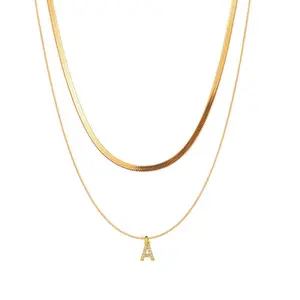 [LeBijouLab] Golden Titanium Steel Layered Initial Letter Necklace - Waterproof, Non-Tarnish | Double-layered Herringbone Initial Necklace for Women | Mother's Day Gifts | Birthday Gifts