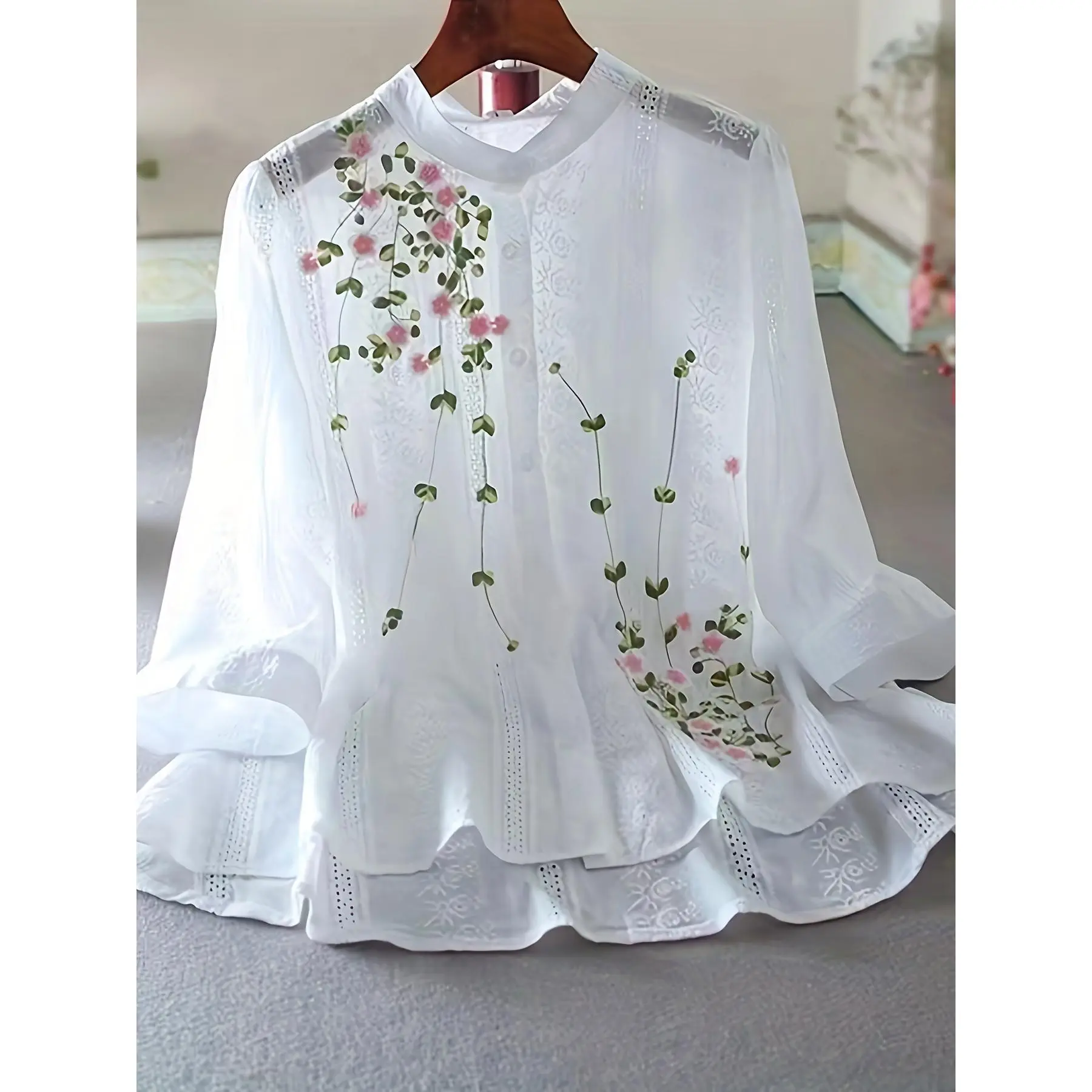 Women's Floral Shirt with Elegant Embroidery, Semi-Sheer Woven Polyester Short-Sleeve Crew Neck for Spring Summer, Shirts, Lady, Women's Clothes, Blouse