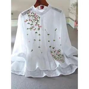Women's Elegant Floral Blouse - Lightweight Semi-Sheer Summer Shirt with Round Neck, Short Sleeves & Machine Washable Fabric for Spring/Summer Casual & Formal Wear, Floral Print Blouse, Lightweight Top, Delicate Embroidery