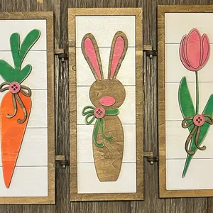 Shiplap Hinged Vertical Trio Farmhouse Spring Decor Sign Set with Easter Bunny, Tulip & Carrot - 14x10.5" Each, 1/4" Thick, Handmade Laser Cut Wood