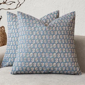 Set of 2 Decorative Floral Print Throw Pillow Covers Vintage Farmhouse Cushion Covers Boho Home for Sofa Couch Chair Bedroom Living Room,22*22 Inch,Dusty Blue