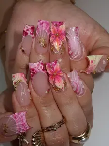 3D Orchid Beach Press On Nails, Summer Yellow & Pink Flower Fake Nails With Starfish, Pink Yellow Ombre Nails With 3D Flowers, Vacation Nails